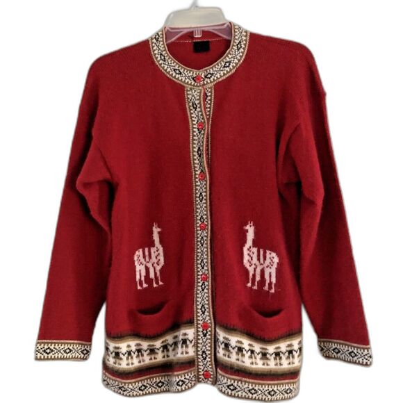 ALPACA Wool LLAMA CARDIGAN Women’s Size Large Vintage Red Nordic - Picture 2 of 11